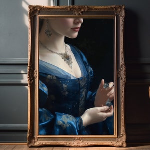 Dame mit Juwel | Blaues Kleid | Vintage Wandkunst | Viktorianische Frauenkunst | Antikes Ölgemälde | Stimmungsvolles Wanddekor | Druckbar| Digital