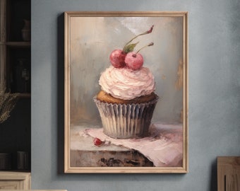 Cherry Cupcake Painting| Kitchen Wall Art | Food Antique Art | Gift for Cupcake Fans | Sweets Lovers Gift Idea | Printable Art | Digital
