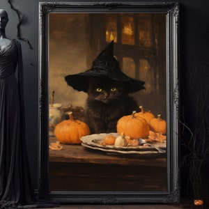 Halloween Printables | Schwarze Katze im Hexenhut | Geschenk für Katzenliebhaber | Niedliche Halloween Kunst | Herbst Gemälde | Druckbar | Digital