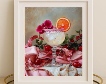 Pink Margarita Cocktail Art Print, Baroque Still Life Painting, Feminine Kitchen Decor, Cherry Drink Wall Art, Luxury Bar Cart Print