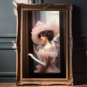Frau am Fenster | Rosa Kleid | Vintage Wand Kunst | Viktorianische Kunst | Antikes Ölgemälde | Stimmungsvolle Wanddekoration | Druckbar | Digital