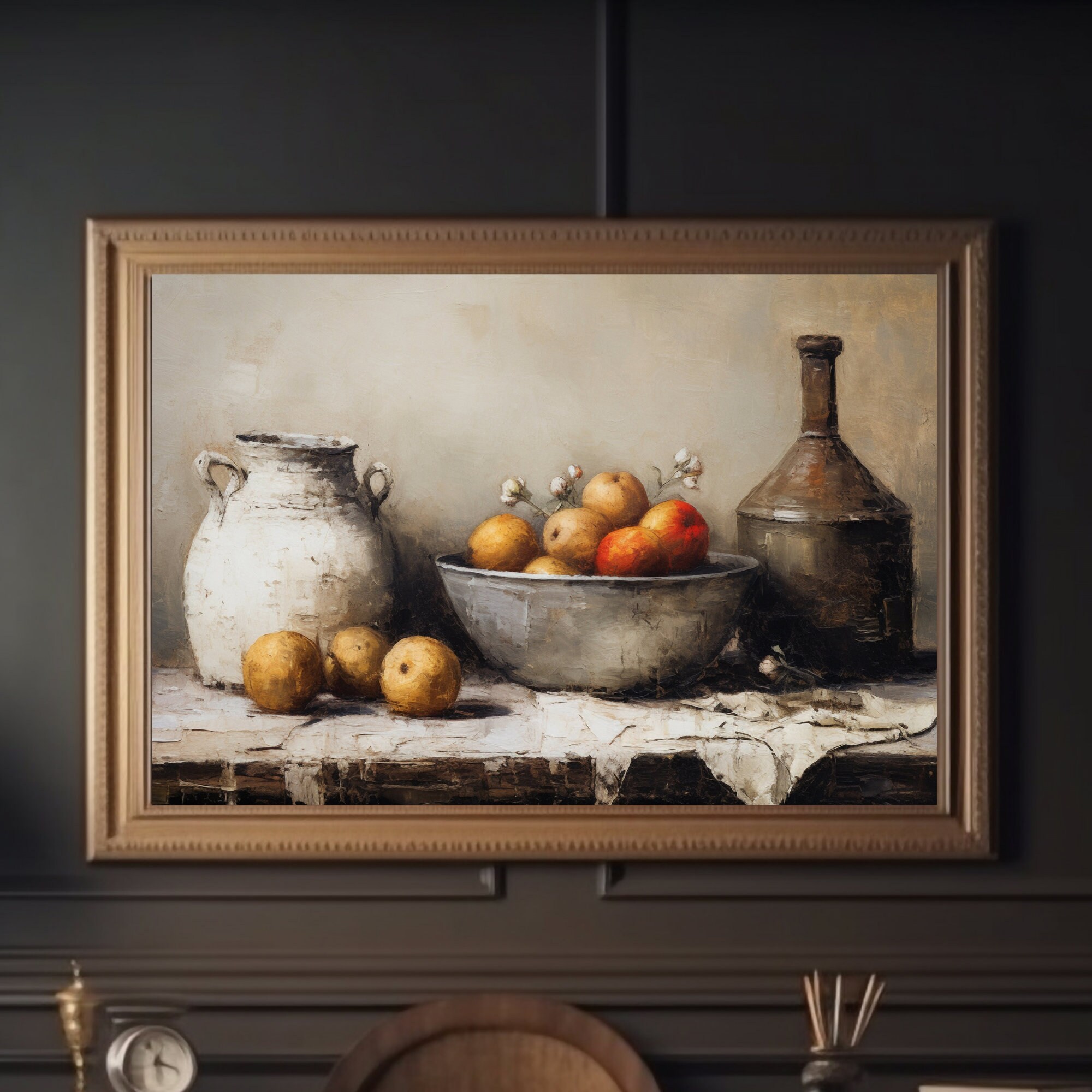 Vintage Apples and Pears Still Life, Rustic Kitchen Wall Art, Elegant Oil Painting Print, Farmhouse Kitchen Decor Country Instant Download