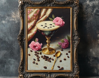 Espresso Martini Art Print, Baroque Cocktail Wall Art, Luxury Maximalist Drink Painting, Vintage Inspired Bar Decor