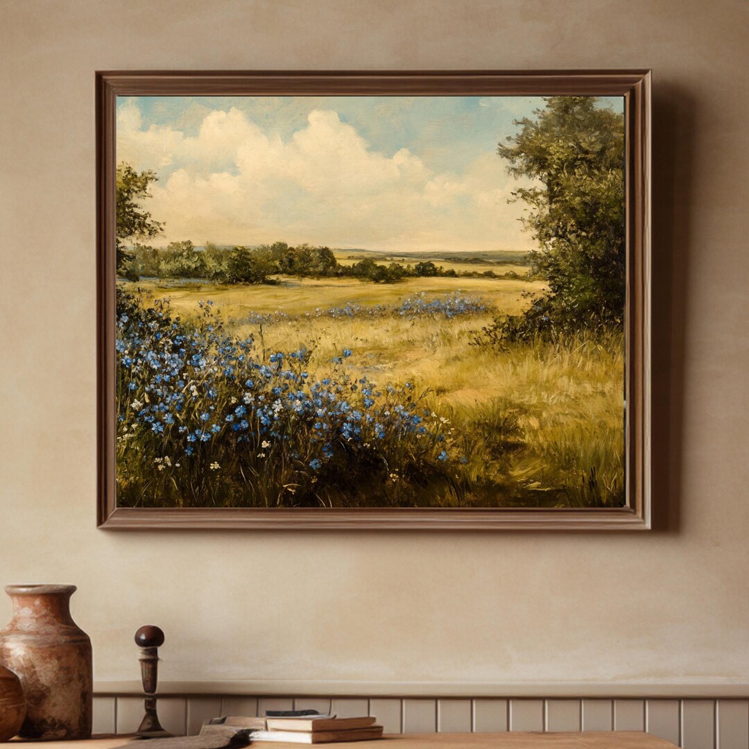 Blue Wildflower Field Wall Art Peaceful Countryside Landscape Print ...