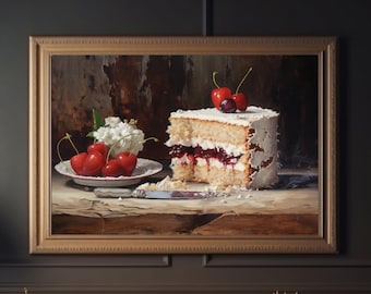 Victoria Sponge Cake Vintage Oil Painting Still Life Dessert Wall Art Print Realistic Cherry Cake Art Digital Download Foodie Kitchen Decor