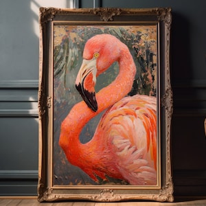 Birds Oil Painting | Flamingo Wall Art | Flying Bird Painting | Nature Art | Wildlife Decor | Bright Pink Art | Printable Art | Digital