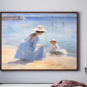 Sunny Beach Moments Print | Family Portrait | Impressionist Wall Art | Mother & Daughter | Summer Painting | Coastal | Printable | Digital