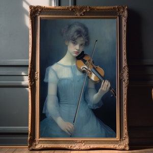 Girl with a Violin | Musical Beauty | Vintage Wall Art | Blue Victorian Art | Antique Oil Painting | Moody Wall Decor | Printable| Digital