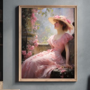 Frauenportrait | Frau im Garten | Rosa Vintage Wandkunst | Viktorianische Kunst | Antikes Ölgemälde | Glücklicher Ort | Druckbare Kunst | Digital