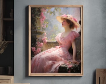 Woman Portrait | Woman in the Garden | Pink Vintage Wall Art | Victorian Art | Antique Oil Painting | Happy Place | Printable Art | Digital