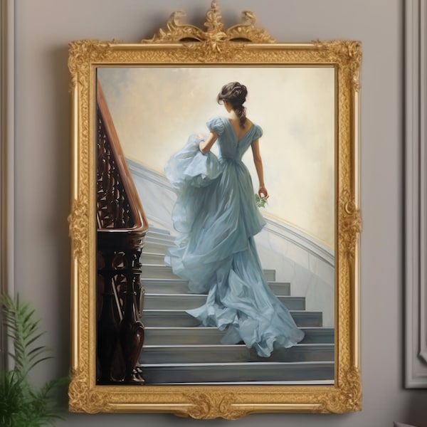 Portrait de femme dans les escaliers | Art mural vintage bleu | Art victorien | Peinture à l'huile antique | Décoration murale de mauvaise humeur | Art imprimable | Numérique