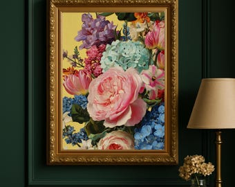 May include: A framed floral painting featuring a vibrant bouquet of pink roses, blue hydrangeas, and other colorful flowers against a yellow background. The ornate gold frame adds a touch of elegance to the artwork.