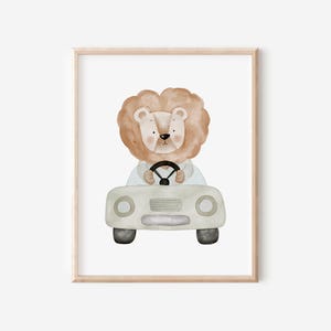 Poster Kinderzimmer Löwe im Auto Kinderposter A4 A3 Wandbild Löwe Tierposter Wandbilder Kinderzimmer Babyzimmer Geschenk für Jungen