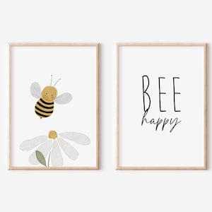 Poster Kinderzimmer 2er Set "BEE happy" Wandbild DIN A4 A3 Biene Babyzimmer Tierposter Kinderposter Deko Geschenk für Kinder