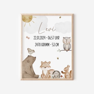 Birth poster personalized with birth dates mural forest animals baby room gift for birth baptism boy and girl boho decoration