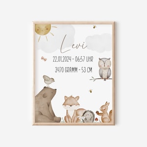 Geburtsposter personalisiert mit Geburtsdaten Wandbild Waldtiere Babyzimmer Geschenk zur Geburt Taufe Junge und Mädchen boho Deko