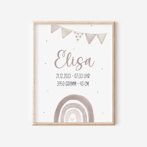 Geburtsposter personalisiert mit Geburtsdaten A4 A3 Geschenk zur Geburt Geburtstafel Wandbild Babyzimmer Mädchen Kunstdruck Regenbogen