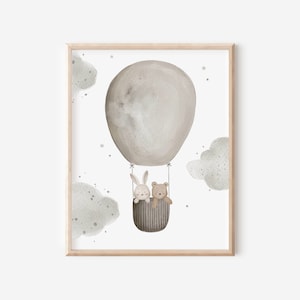 Poster Kinderzimmer Tiere im Heißluftballon A4 A3 Wandbild Babyzimmer Kinderposter Geschenk zur Geburt Taufe Kinderbild Wanddeko