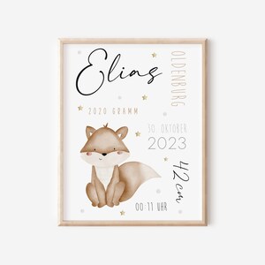 Geburtsposter personalisiert mit Geburtsdaten A4 A3 Wandbild Babyzimmer Geschenk zur Geburt Taufe Junge und Mädchen Tierposter Wanddeko