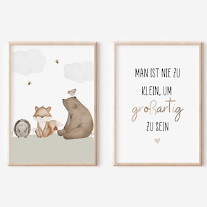 Posterset Kinderzimmer Waldtiere mit Spruch A4 & A3 Bilder Kinderposter Tiere Tierposter Bild für Junge und Mädchen Geschenk für Kinder