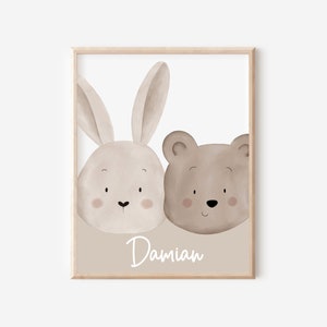 Poster personalisierbar mit Namen "Hase und Bär" Kinderzimmer Wandbild Tierbild Kinderposter Geschenk Geburt Taufe Wanddeko Babyzimmer boho