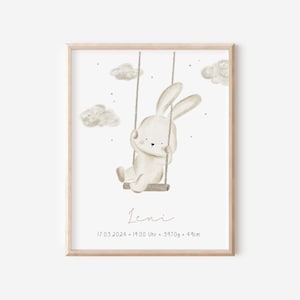 Geburtsposter personalisiert mit Geburtsdaten Poster Hase Kinderzimmer Babyzimmer Geschenk zur Geburt Taufe Geschenk für Junge und Mädchen