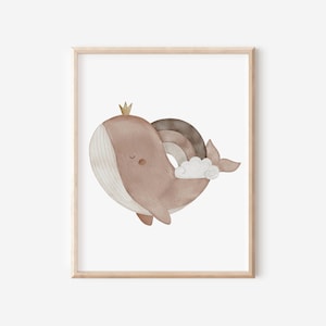 Poster Kinderzimmer "Wal mit Krone" DIN A4 A3 Wandbild Mädchenzimmer Wanddeko Tierposter Wal Geschenkidee Geburt Taufe Geschenk für Mädchen