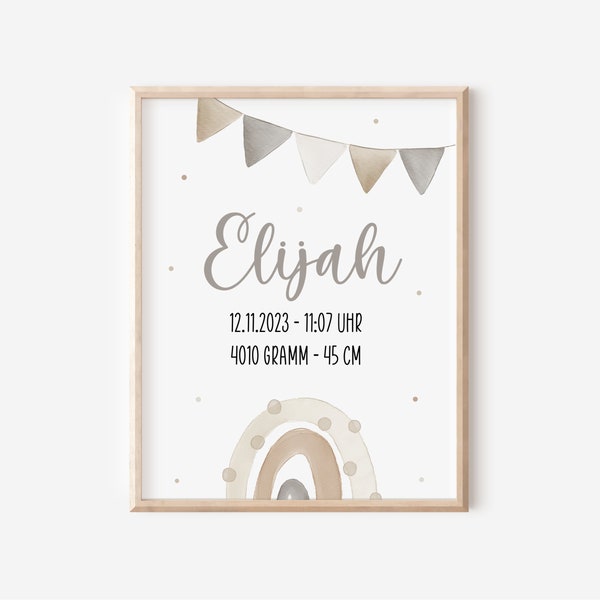 Geburtsposter personalisiert mit Geburtsdaten – Boho Regenbogen Wandbild, Babyzimmer Deko, Geschenk zur Geburt, Taufe, Download