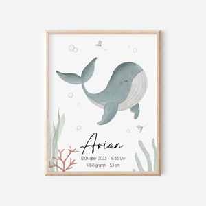 Geburtsposter personalisiert mit Geburtsdaten Wal Kinderzimmer A4 A3 Wandbild Babyzimmer Geschenk zur Geburt Taufe Junge und Mädchen Deko