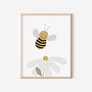 Wandbild Kinderzimmer Biene mit Blume DIN A4 A3 Babyzimmer Poster Wanddeko Tierposter Kinderposter Geschenk für Jungen und Mädchen