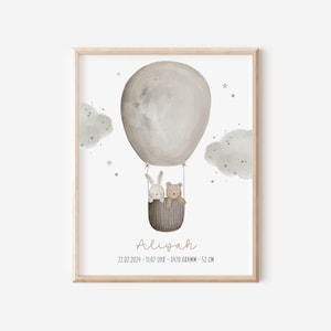 Geburtsposter personalisiert A4 A3 "Tiere im Heißluftballon" Wandbild Babyzimmer Kinderzimmer Wanddeko boho Geschenk zur Geburt Taufe