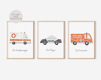 Set of 3 pictures of emergency vehicles in a child's room: vehicles, ambulance, police car, fire engine, children's posters, wall art, emergency vehicles, decoration for boys