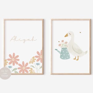 Poster Set personalisierbar Kinderposter Gans und Blumen Poster Kinderzimmer Tierposter Geschenk zur Geburt Taufe Geschenke für Kinder