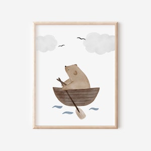Poster Bär im Boot Kinderzimmer A4 & A3 Kinderposter Tierposter Wandbild Geschenk Baby Kinder Junge und Mädchen Deko Kunstdruck Kinderbild