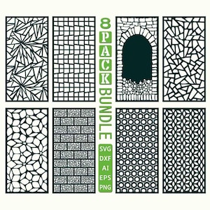 May include: A set of eight black and white geometric patterns, perfect for laser cutting or CNC projects. The patterns include a variety of designs, such as brick, stone, and abstract shapes. The text "8 PACK BUNDLE" is displayed on the right side of the image. The text "SVG DXF AI EPS PNG" is displayed below the text "8 PACK BUNDLE".