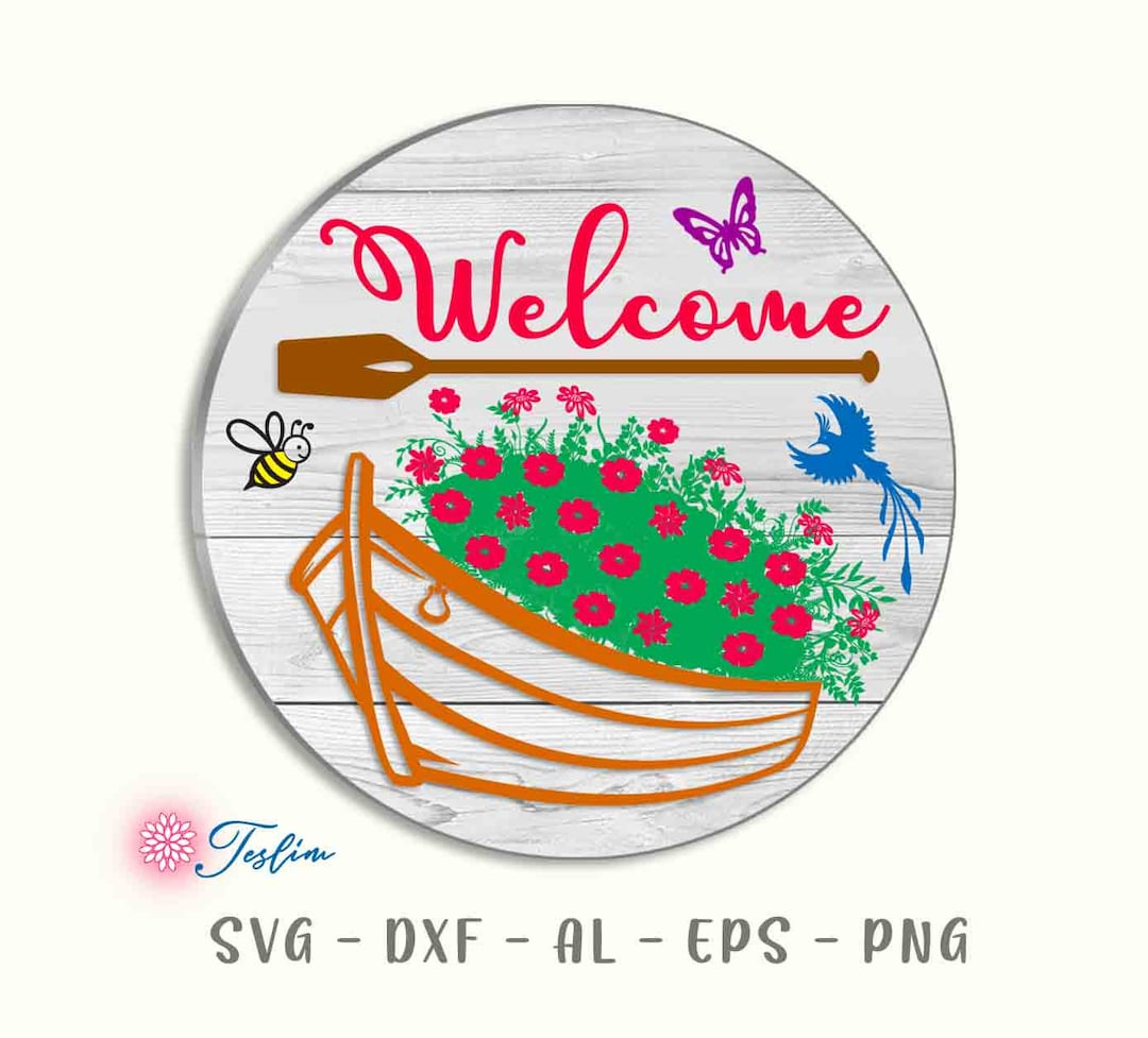 Welcome Round Door Hanger Svg, Winter Scene SVG, Floral Door Sign Dxf ...
