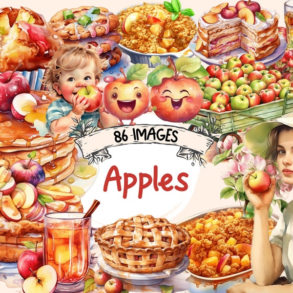 Apples Watercolor Clipart Bundle - 86 PNG Images of Refreshing Summer Apple Sweet Delights, PNG,Instant Digital Download,Commercial Use