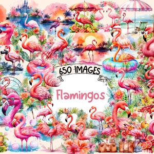 Flamingos Watercolor Clipart Bundle - 650 PNG Flamingo Images, Floral Tropical Birds Graphics, Instant Digital Download, Commercial Use