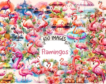 Flamingos Watercolor Clipart Bundle - 650 PNG Flamingo Images, Floral Tropical Birds Graphics, Instant Digital Download, Commercial Use