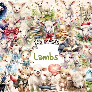Lambs Watercolor Clipart Bundle - 255 PNG Sweet Cute Lamb Images, Adorable Farm Animal Graphics, Instant Digital Download, Commercial Use