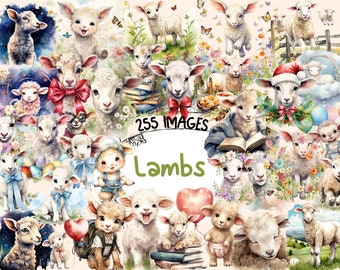 Lamb Watercolor Clipart Bundle: 255 PNG Farm Animal Graphics (Digital Download)