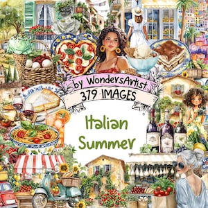 Italian Summer Watercolor Clipart - 379 PNG Mediterranean Graphics, Coastal Village Illustrations, Instant Digital Download, Commercial Use