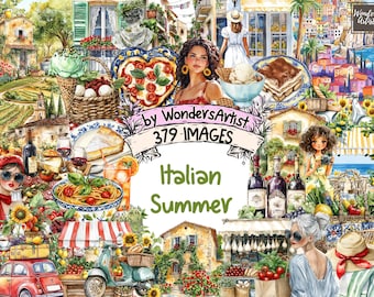 Italian Summer Watercolor Clipart: Mediterranean Illustrations (379 PNG) (Digital Download)