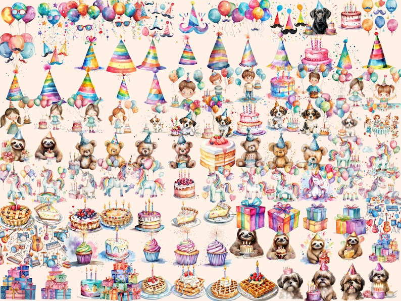 Watercolor Birthday Party Clipart Bundle: 531 PNG Images (digital ...