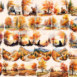 Autumn landscape with golden-hued trees and serene lake clipart.
Country road surrounded by colorful fall foliage.
Vibrant autumn leaves against a clear blue sky.
Cozy cabin nestled in an autumn forest.
Rustic wooden bridge over a tranquil stream.