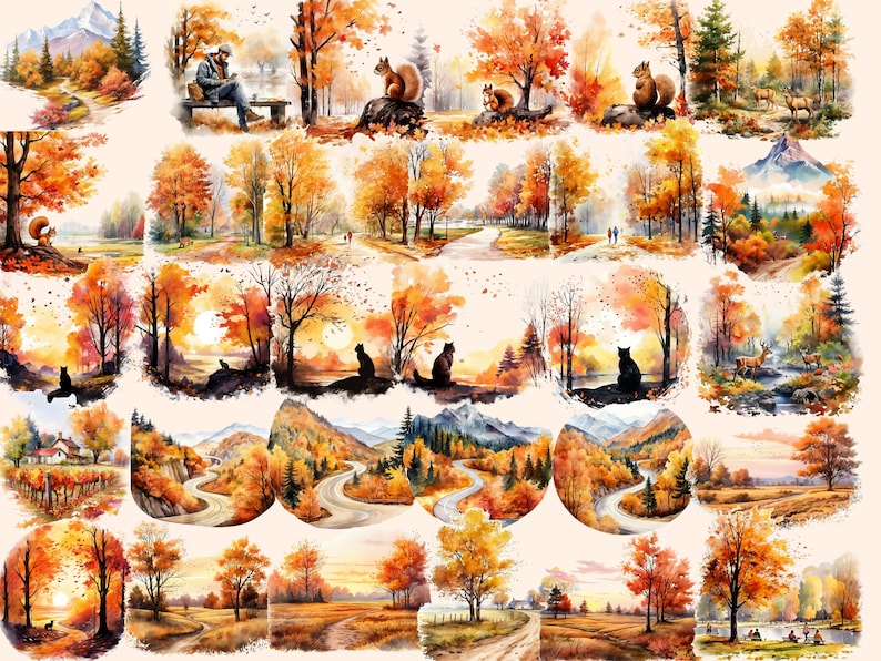 Autumn landscape with golden-hued trees and serene lake clipart.
Country road surrounded by colorful fall foliage.
Vibrant autumn leaves against a clear blue sky.
Cozy cabin nestled in an autumn forest.
Rustic wooden bridge over a tranquil stream.