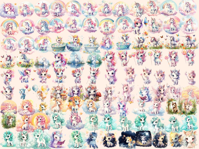 Watercolor Baby Unicorn Clipart Bundle: 585 PNG Images (digital ...
