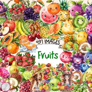 Fruits Watercolor Clipart Bundle - 491 PNG Fresh Sweet Fruit Images, Tasty Juicy Healthy Graphics, Instant Digital Download, Commercial Use