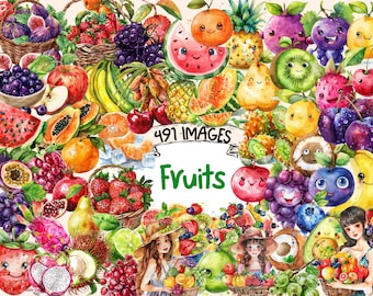 Watercolor Fruits Clipart Bundle: 491 PNG Graphics (Digital Download)
