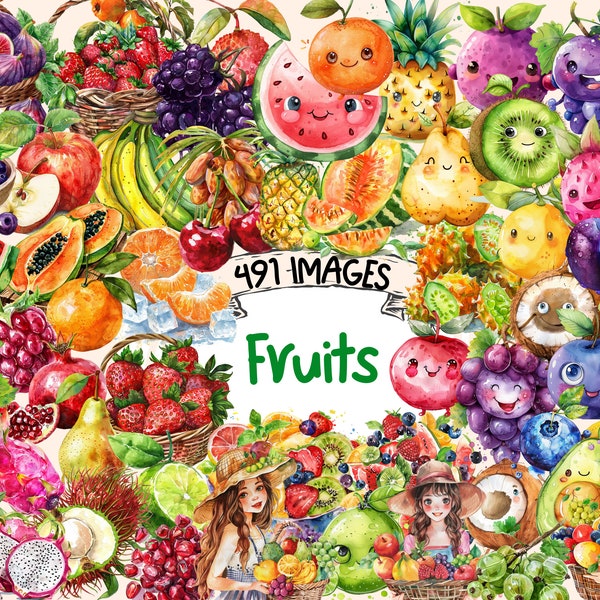 Bundle de cliparts aquarelle fruits - 491 Images de fruits frais sucrés PNG, savoureux graphiques sains juteux, téléchargement numérique instantané, usage Commercial